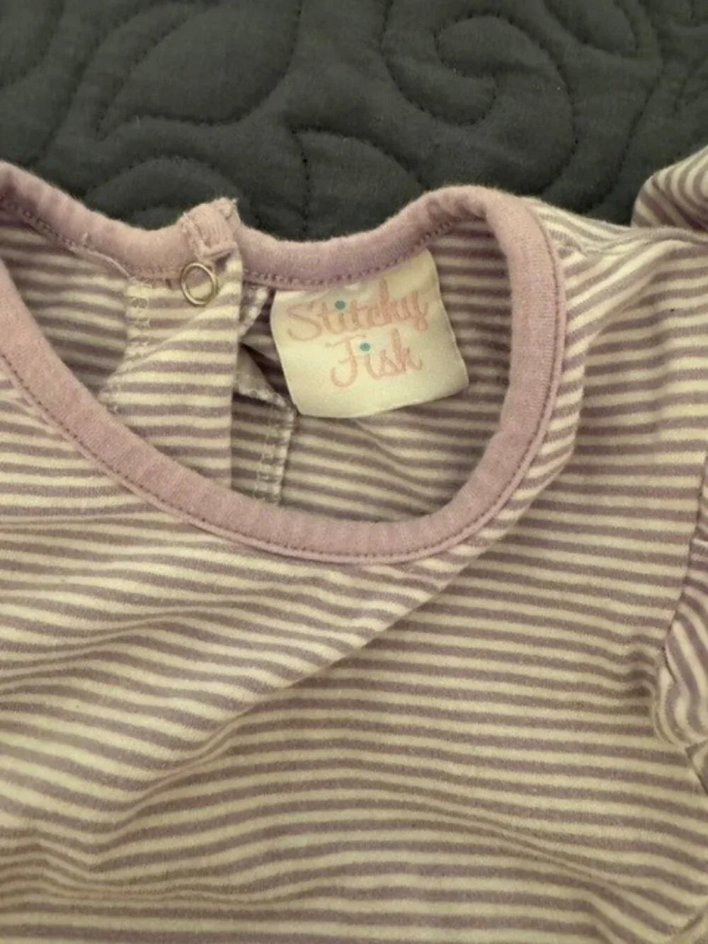 STITCHY FISH WHITE/LAVENDER ROMPER, SNAPS, SIZE 12 MONTHS